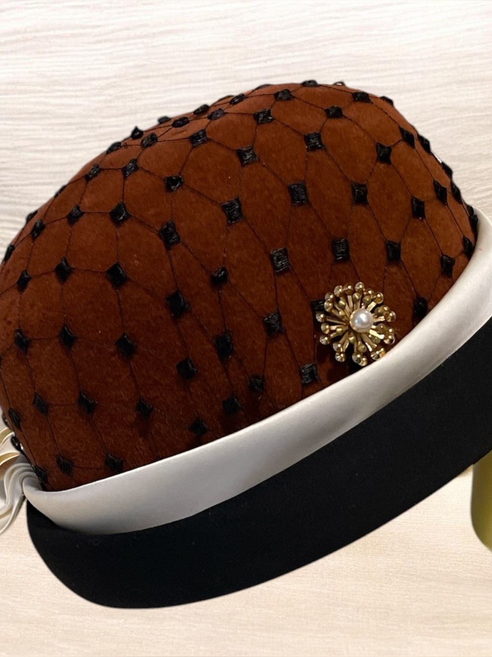 Vintage Classic Brown Veiled Cocktail Hat with Gold Brooch